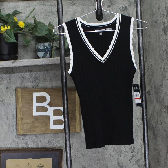NWT Karl Lagerfeld Lace-Trim Sweater Tank Top L3TSS727 Black / Soft White XS - Picture 3 of 7